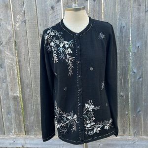 Vintage Stiches in Time Women floral embroider Black Button Cardigan size S